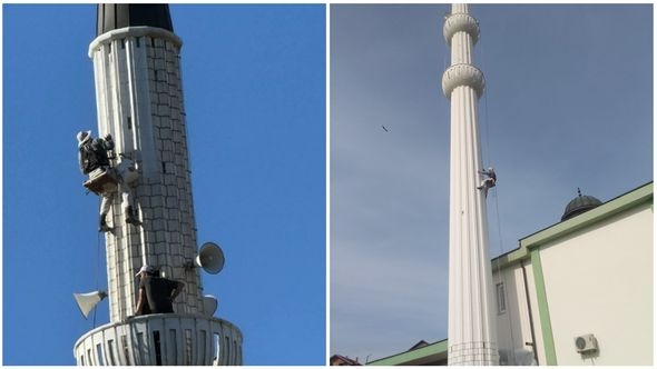 Mirza Doglod, Mirzet Ćorić i Zejnil Mujezinović rade izazovan posao: Odvažni majstori vezani užetom ukrašavaju munaru visoku 45 metara